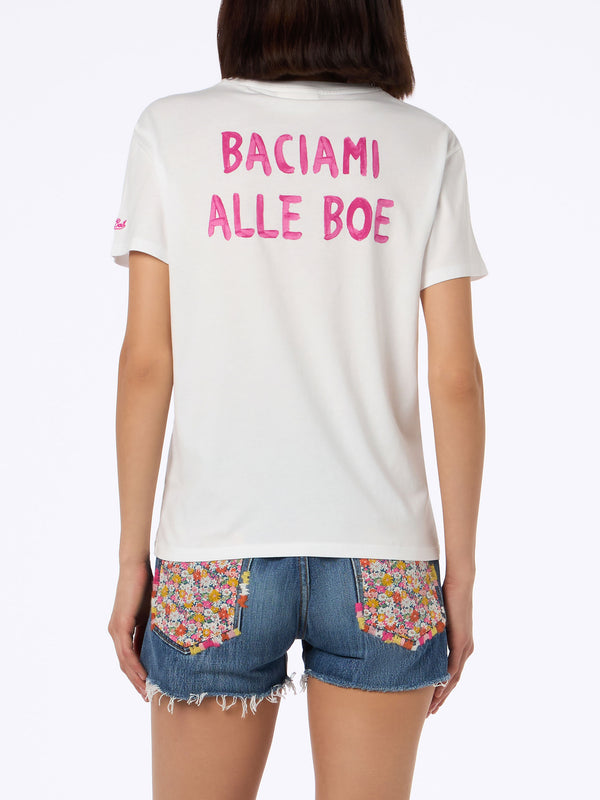 Woman cotton jersey crewneck t-shirt Emilie with Baciami alle Boe print | ALLE BOE SPECIAL EDITION