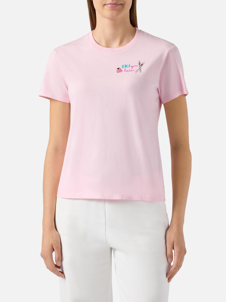 Emilie cotton T-shirt in pink with Ski you later embroidery