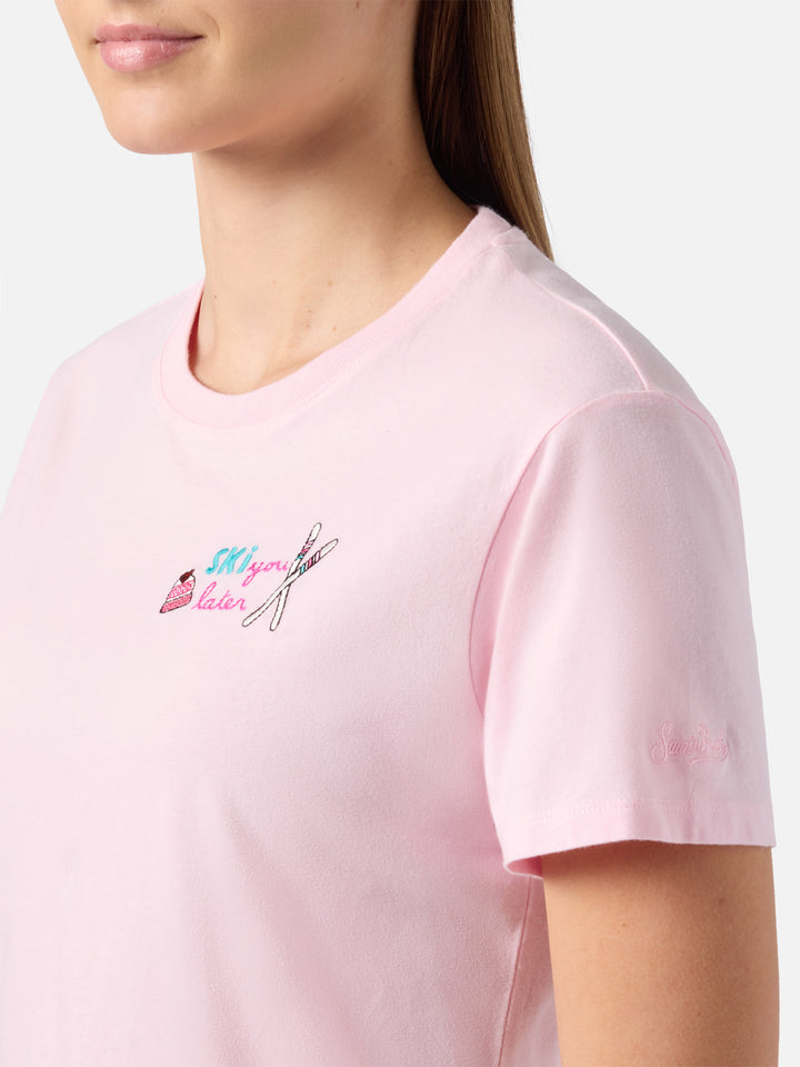 Emilie cotton T-shirt in pink with Ski you later embroidery