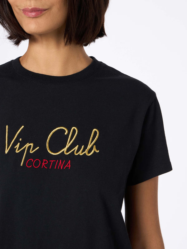 Schwarzes Damen-T-Shirt Emilie aus schwerer Baumwolle mit Vacanze Vip-Stickerei | VIP CLUB CORTINA SONDEREDITION