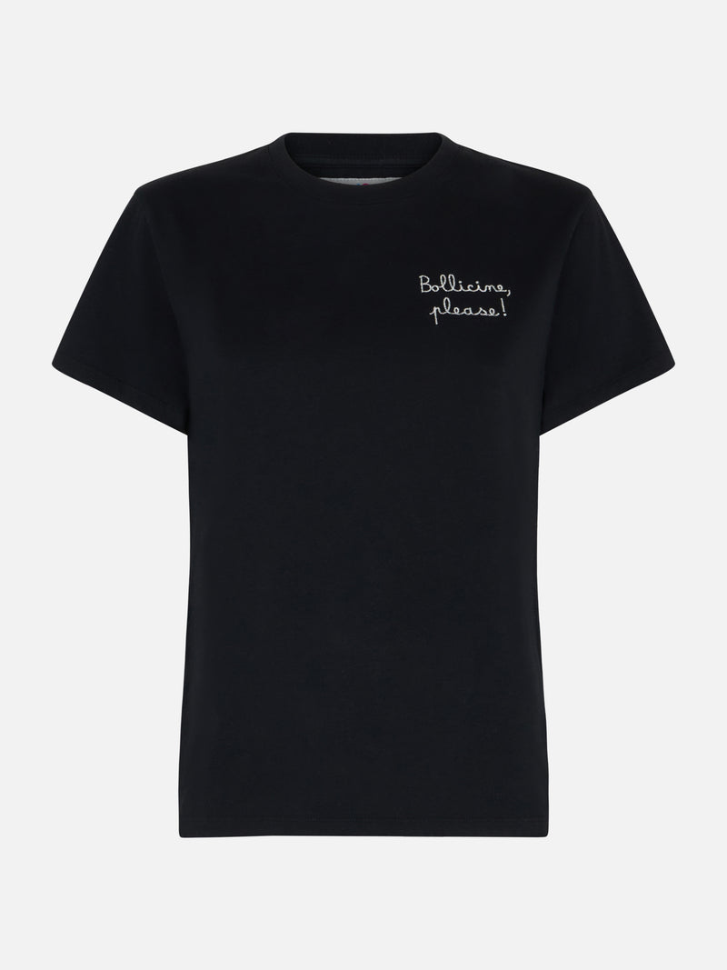 Woman heavy cotton black t-shirt Emilie with Bollicine please embroidery