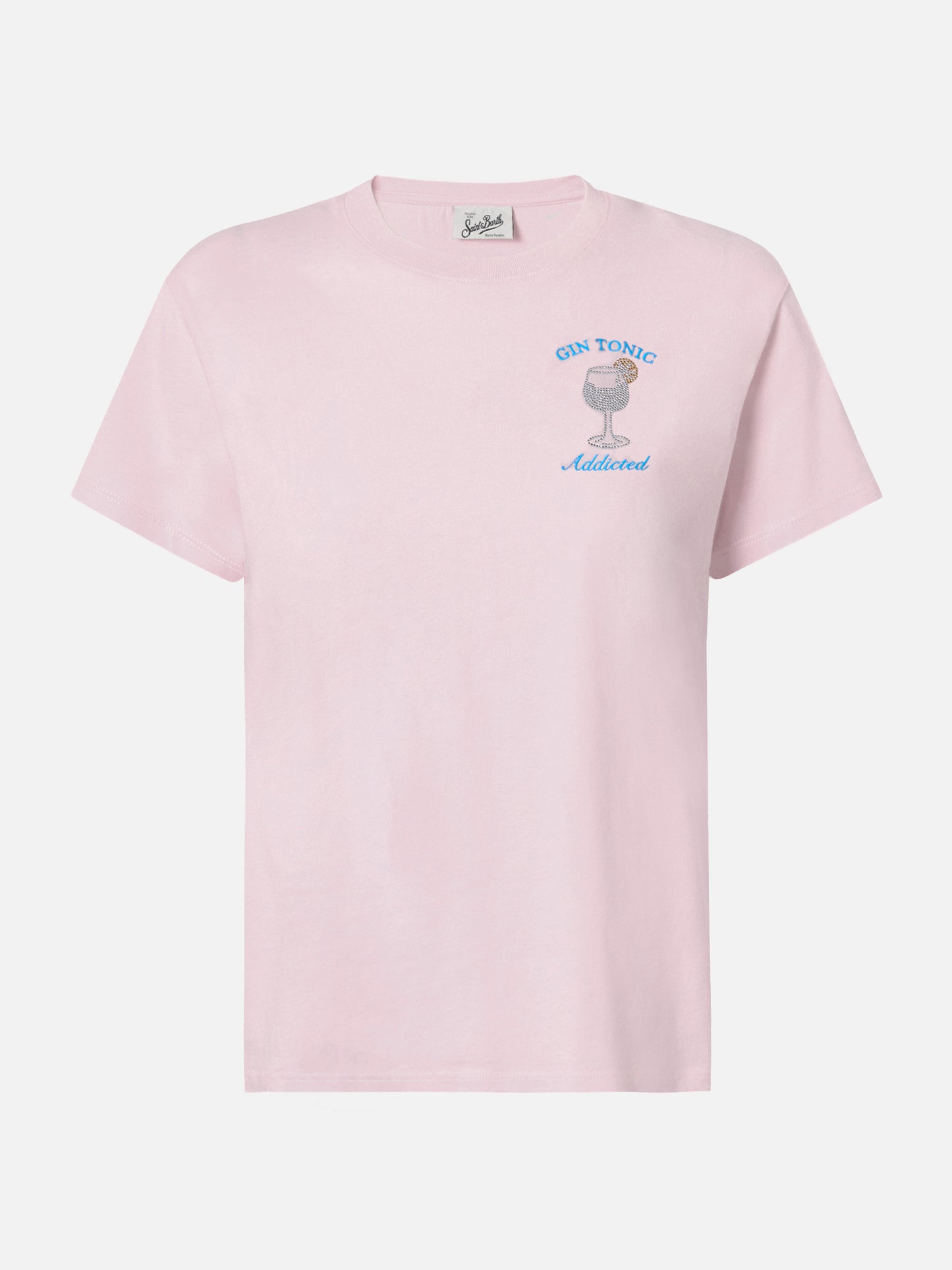 Emilie cotton T-shirt in pink with Gin Tonic addicted rhinestone appliqué