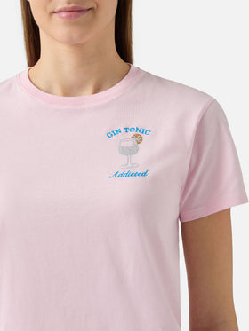 Emilie cotton T-shirt in pink with Gin Tonic addicted rhinestone appliqué