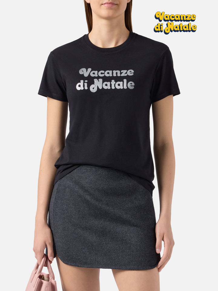 Emilie cotton T-shirt in black with Vacanze di Natale glitter print | VACANZE DI NATALE SPECIAL EDITION