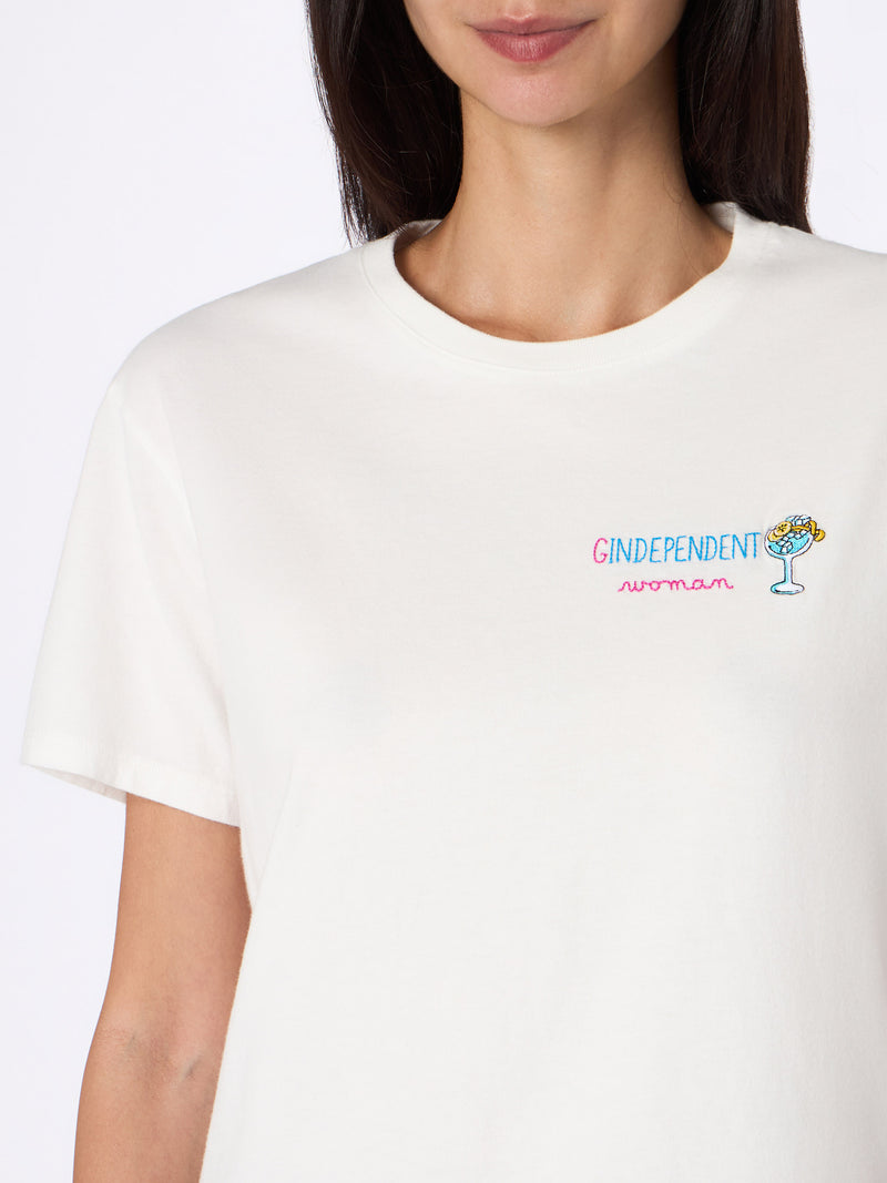 Weißes Damen-T-Shirt Emilie aus schwerer Baumwolle mit Gindependent-Frauenstickerei