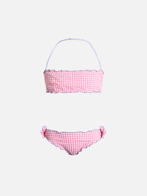 Klassischer Bandeau-Bikini Emy aus Seersucker für Mädchen mit Gingham-Print