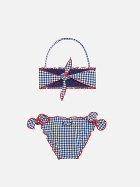 Bikini da bambina a fascia con stampa vichy
