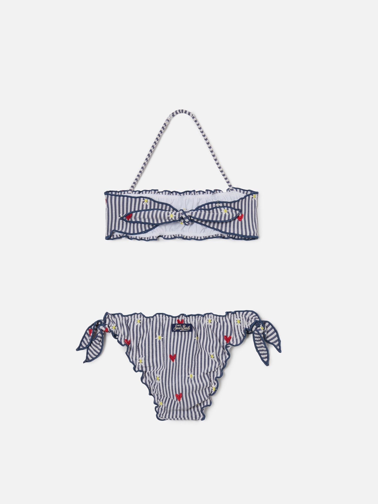 Emy white and navy striped seersucker embroidered bikini