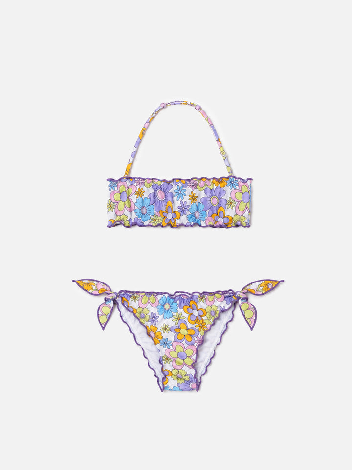 Mädchen-Bandeau-Bikini mit mehrfarbigem Blumenprint 