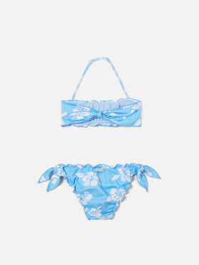 Emy light blue bandeau bikini hibiscus print