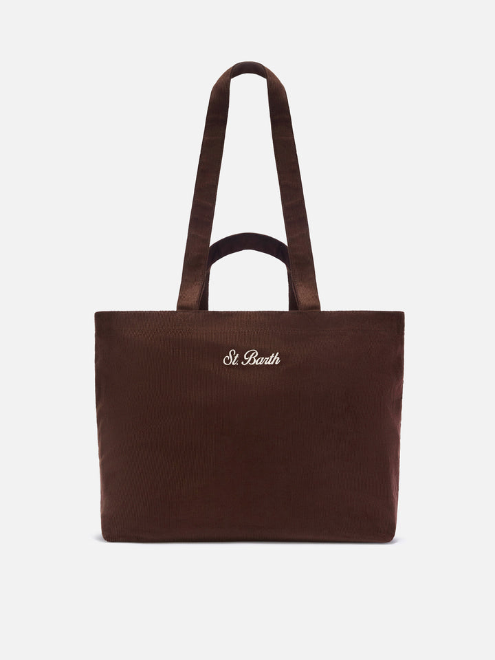 Shopper Essential marrone in velluto a coste con ricamo logo