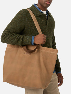 Shopper Essential nocciola in tessuto cerato con ricamo logo