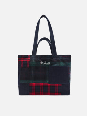Essential tote bag with patchwork denim and tartan