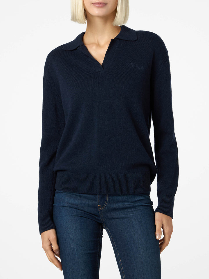Marineblauer Damenpullover Eze aus Kaschmirmischung mit Polokragen