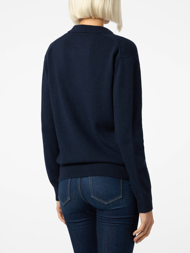 Marineblauer Damenpullover Eze aus Kaschmirmischung mit Polokragen