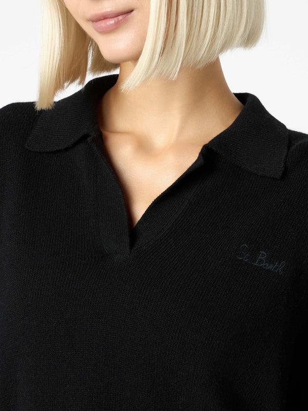 Woman black cashmere blend sweater Eze with polo collar