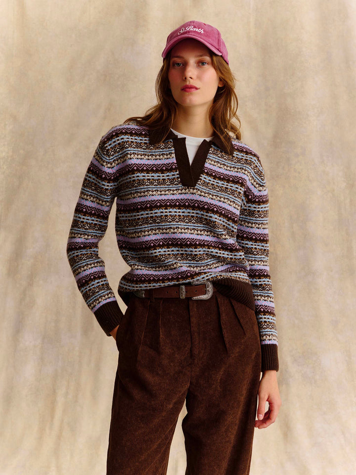 maille à col polo en mélange de laine Eze avec motif Fair Isle 