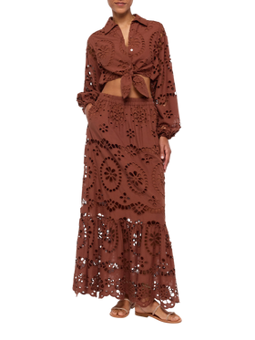 Febe camel brown cotton Sangallo lace shirt