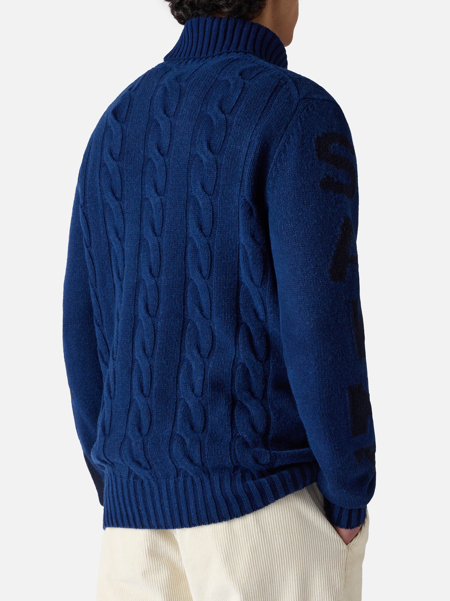 Maglione da uomo vintage blu intrecciato a collo alto pesante