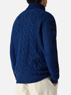Maglione da uomo vintage blu intrecciato a collo alto pesante