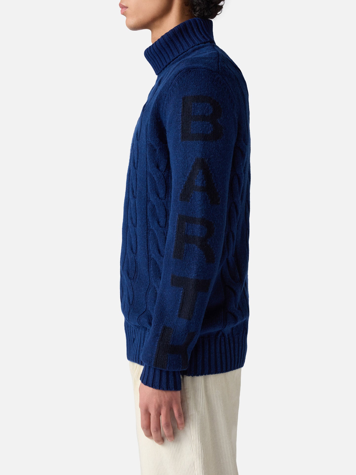 Maglione da uomo vintage blu intrecciato a collo alto pesante