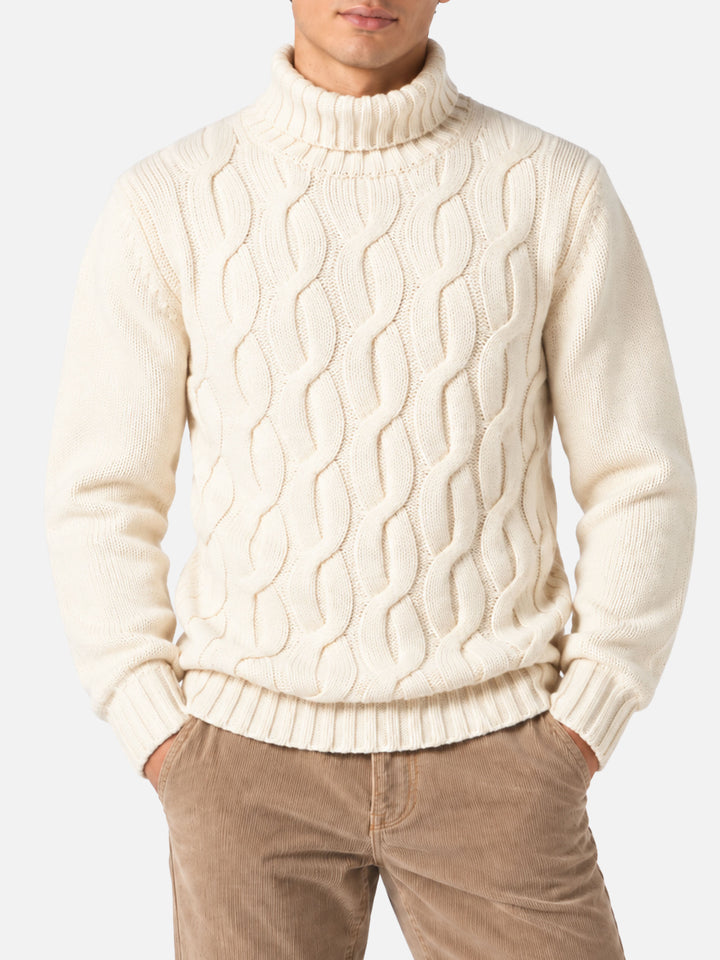 Jersey de punto trenzado estilo pescador en mezcla de cachemira color blanco roto 