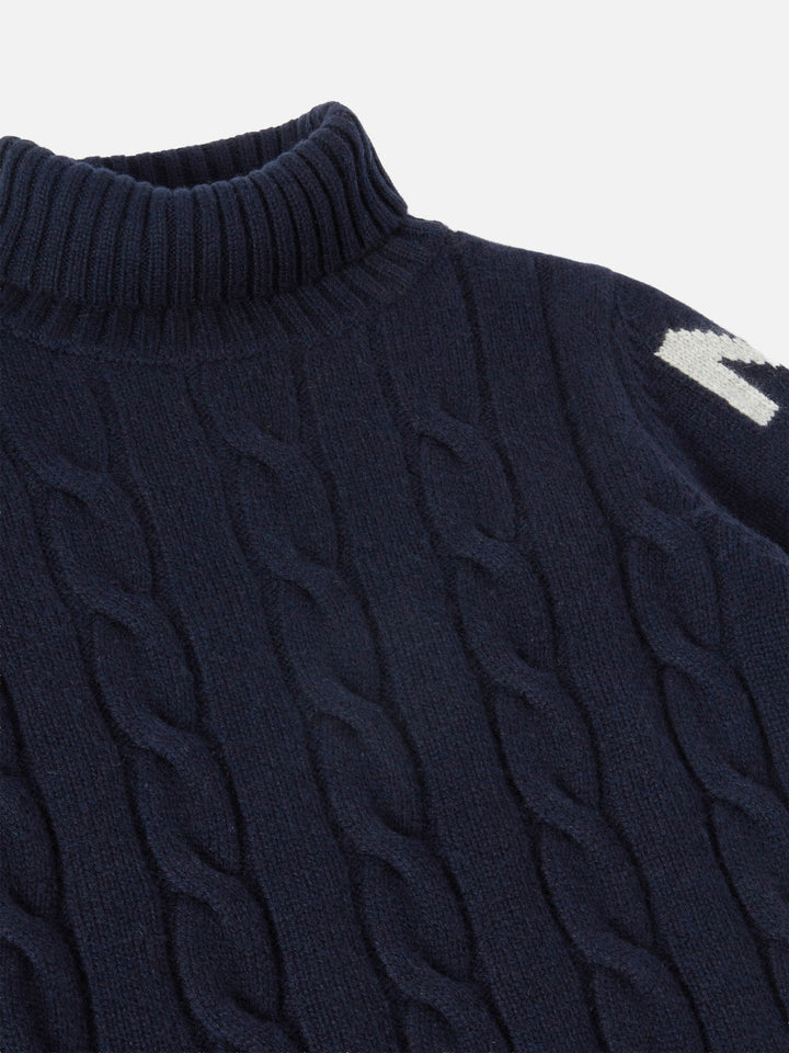 Navy blue cable-knit turtleneck Fisherman Jr sweater with Saint Moritz jacquard