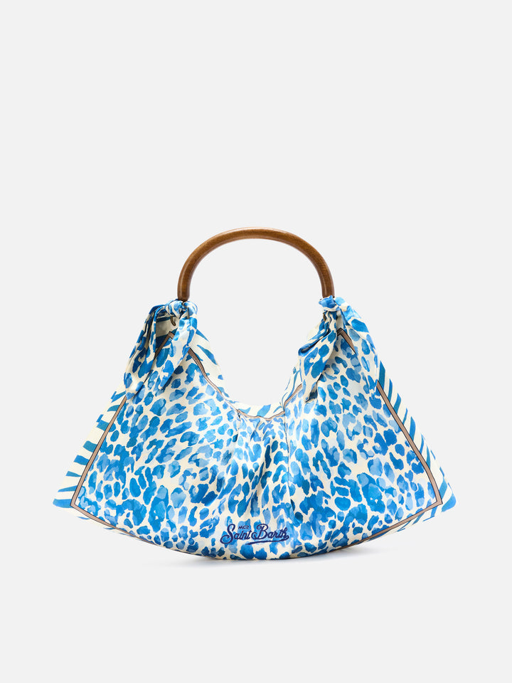 Tasche aus Seidenfoulard mit Holzgriff und Animal-Print 