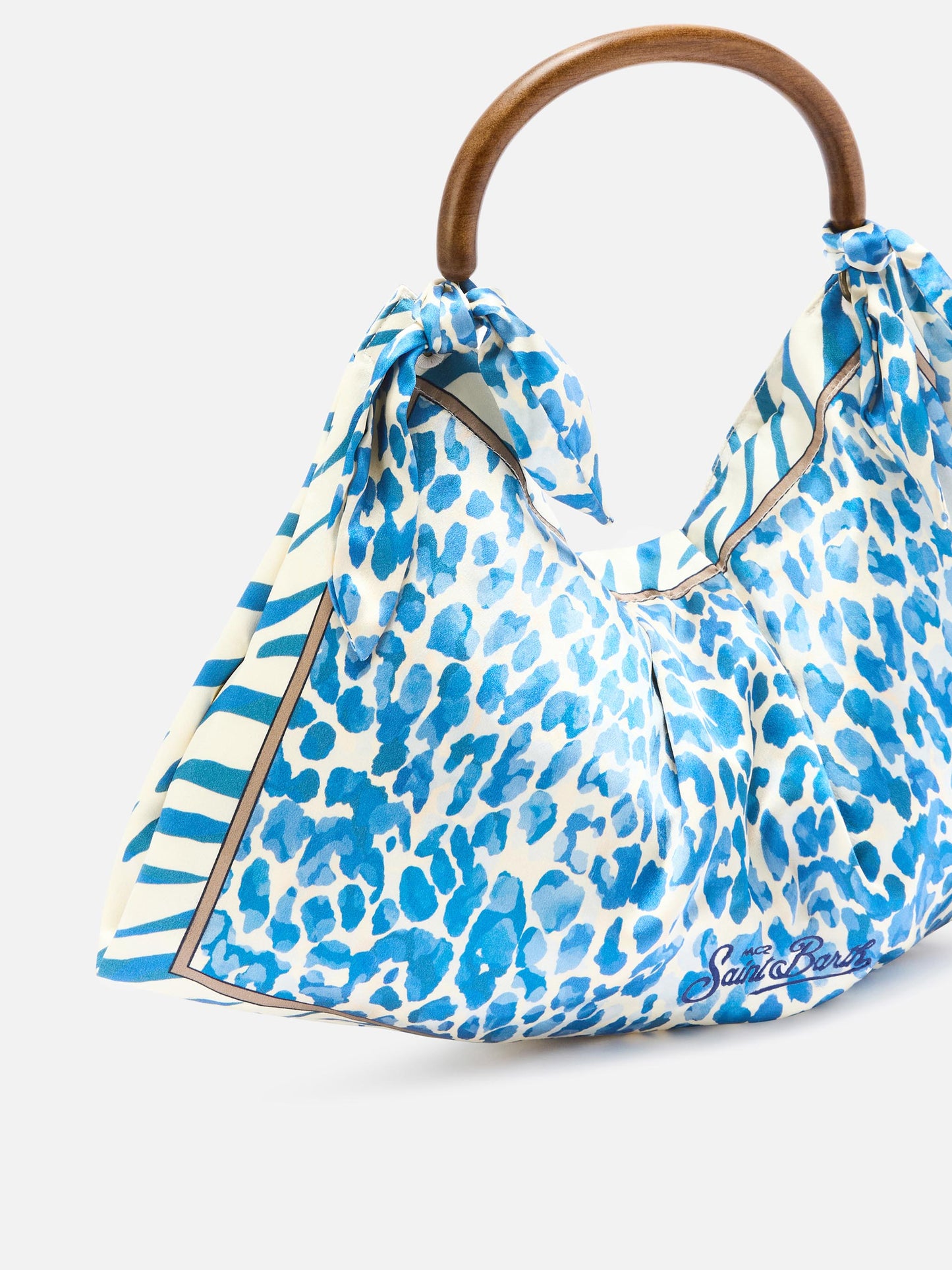 Sac foulard en soie avec poignée en bois et imprimé animalier 