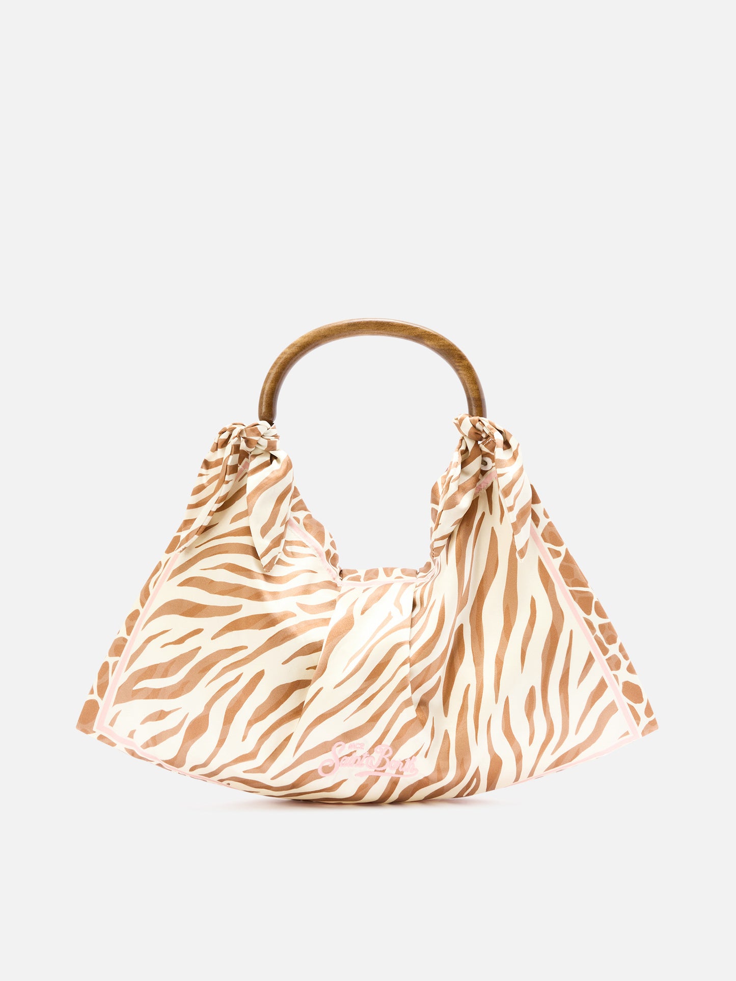 Seidentasche als Foulard mit Holzgriff und Animal-Print 