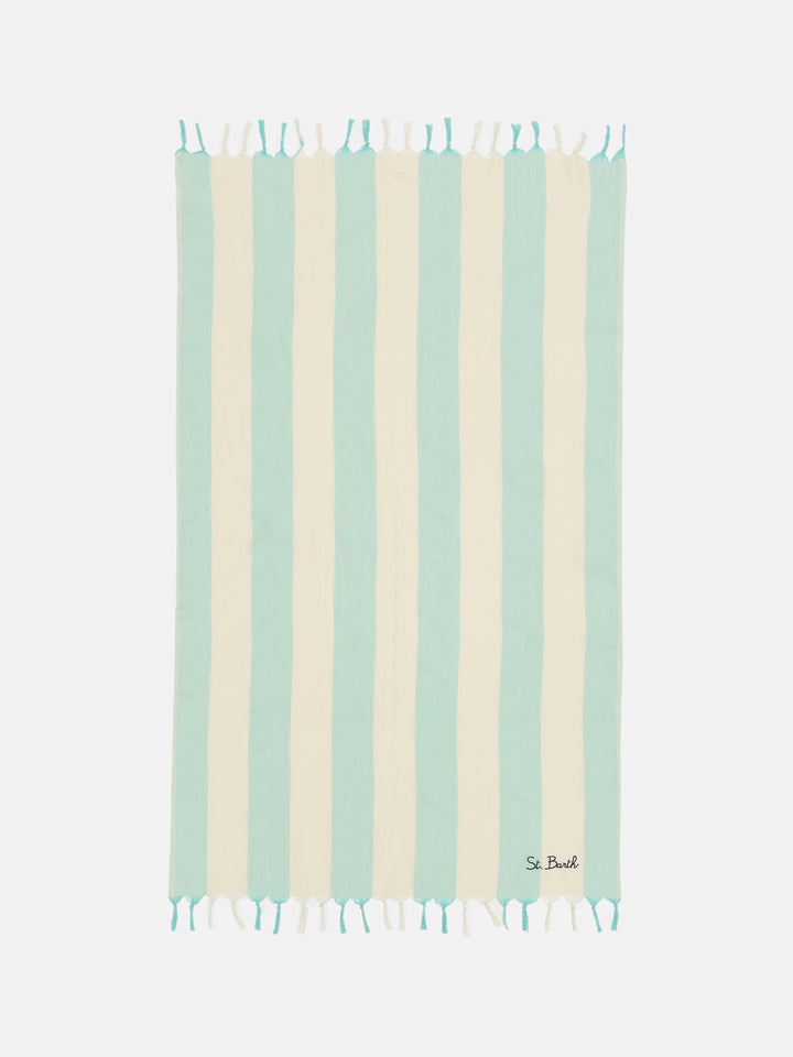Light cotton beach towel Fouta with water green striped print