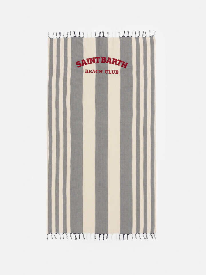 Light cotton beach towel Fouta with navy blue striped print and embroidery