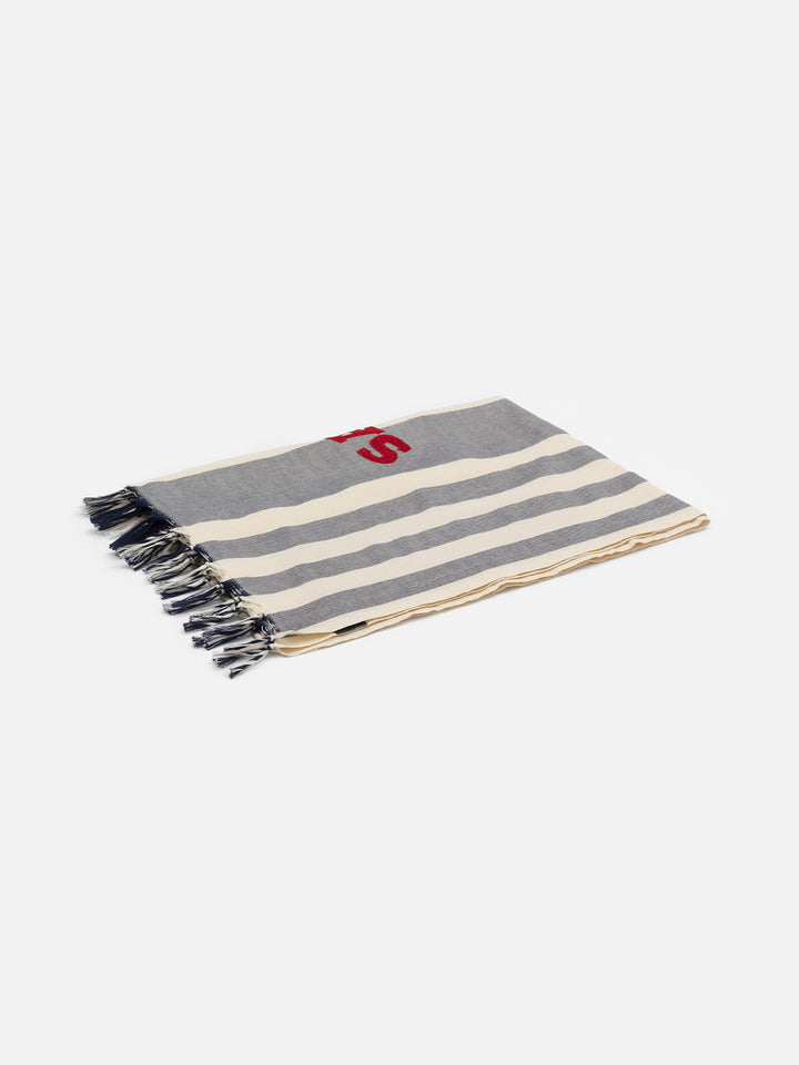 Light cotton beach towel Fouta with navy blue striped print and embroidery