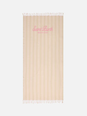 Foutas Lightbeach-Strandtuch mit beigen und weißen Streifen und gesticktem Logo 
