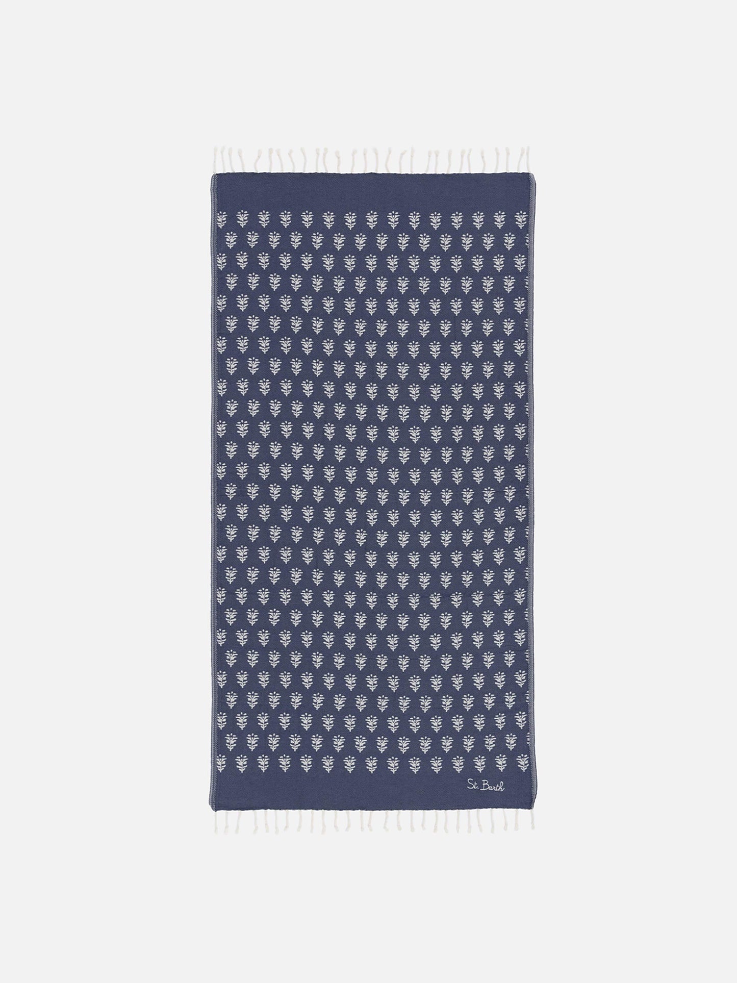 Cotton towel beach Fouta with indigo flowers jacquard