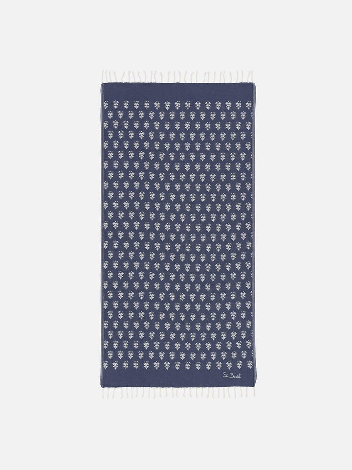 Cotton towel beach Fouta with indigo flowers jacquard