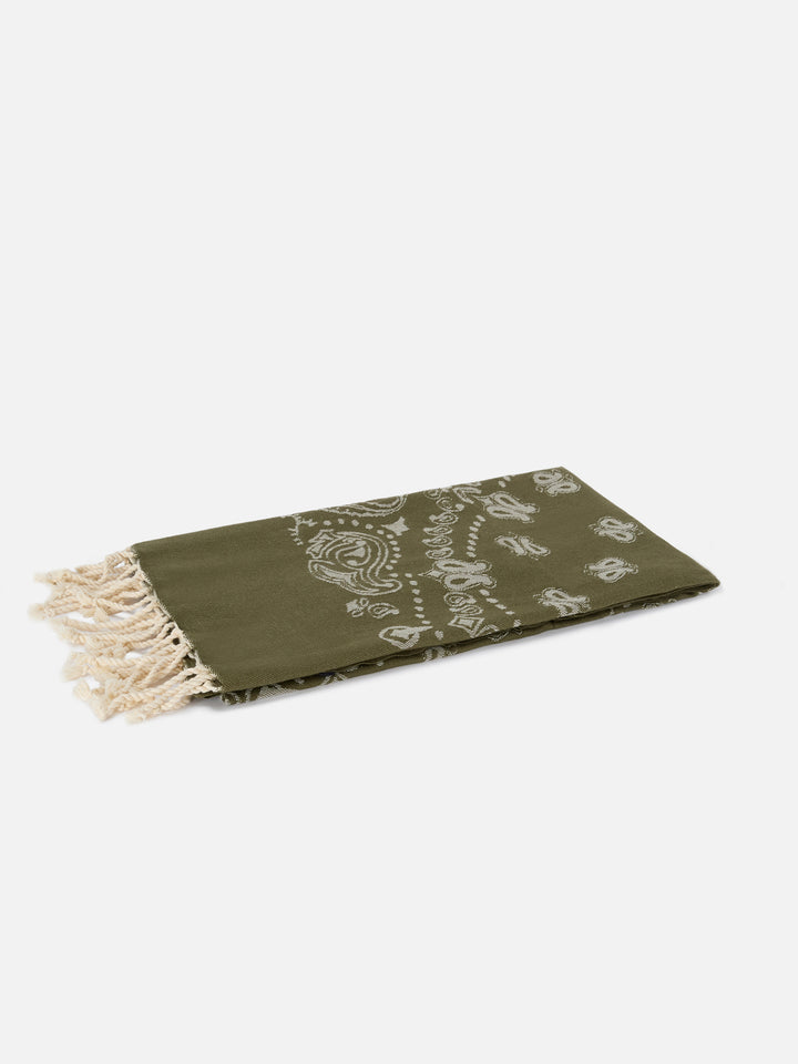 Telo mare Foutas in cotone jacquard con fantasia bandana verde militare