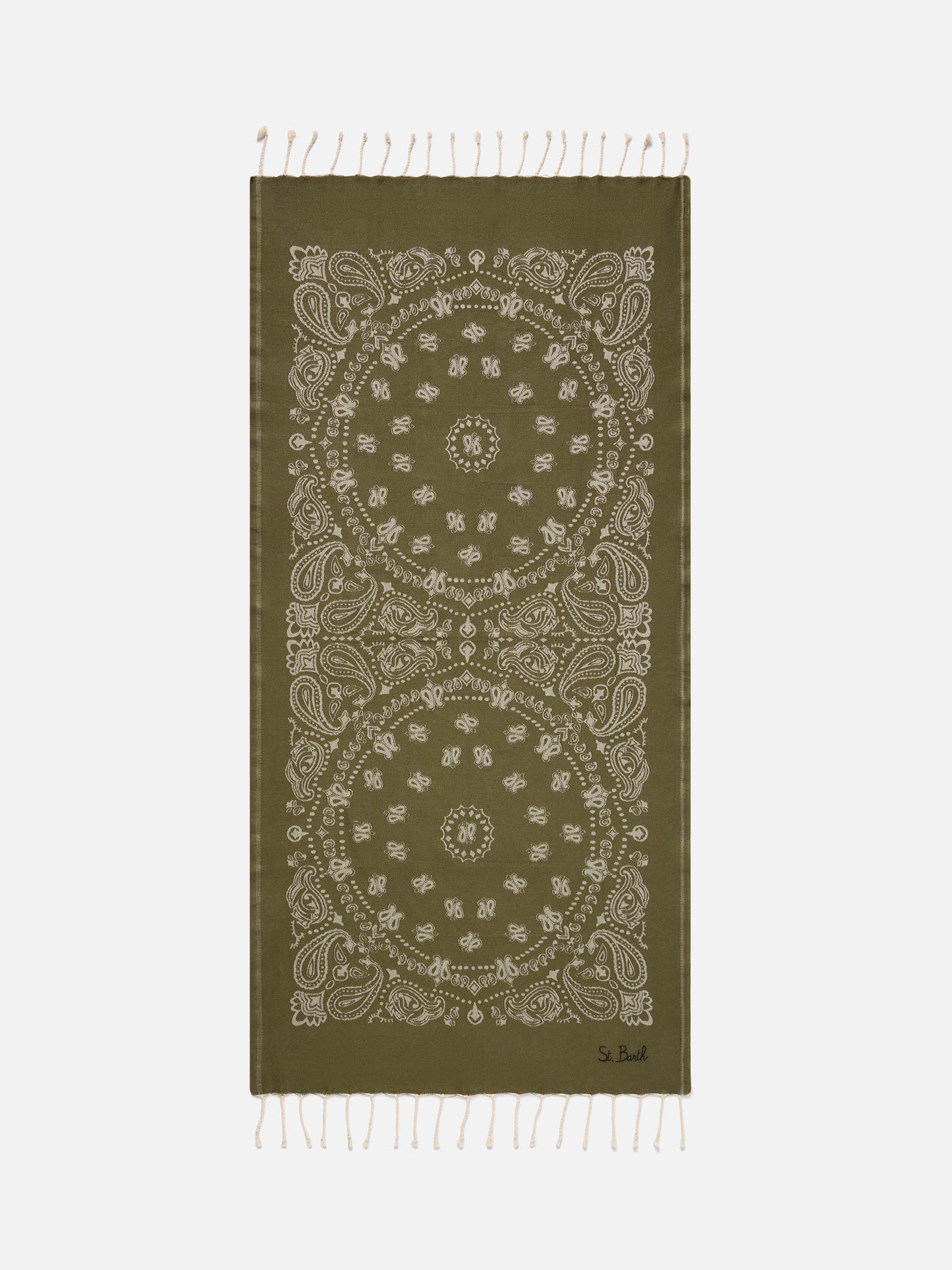 Serviette de plage en coton fouta jacquard avec motif bandana vert militaire 