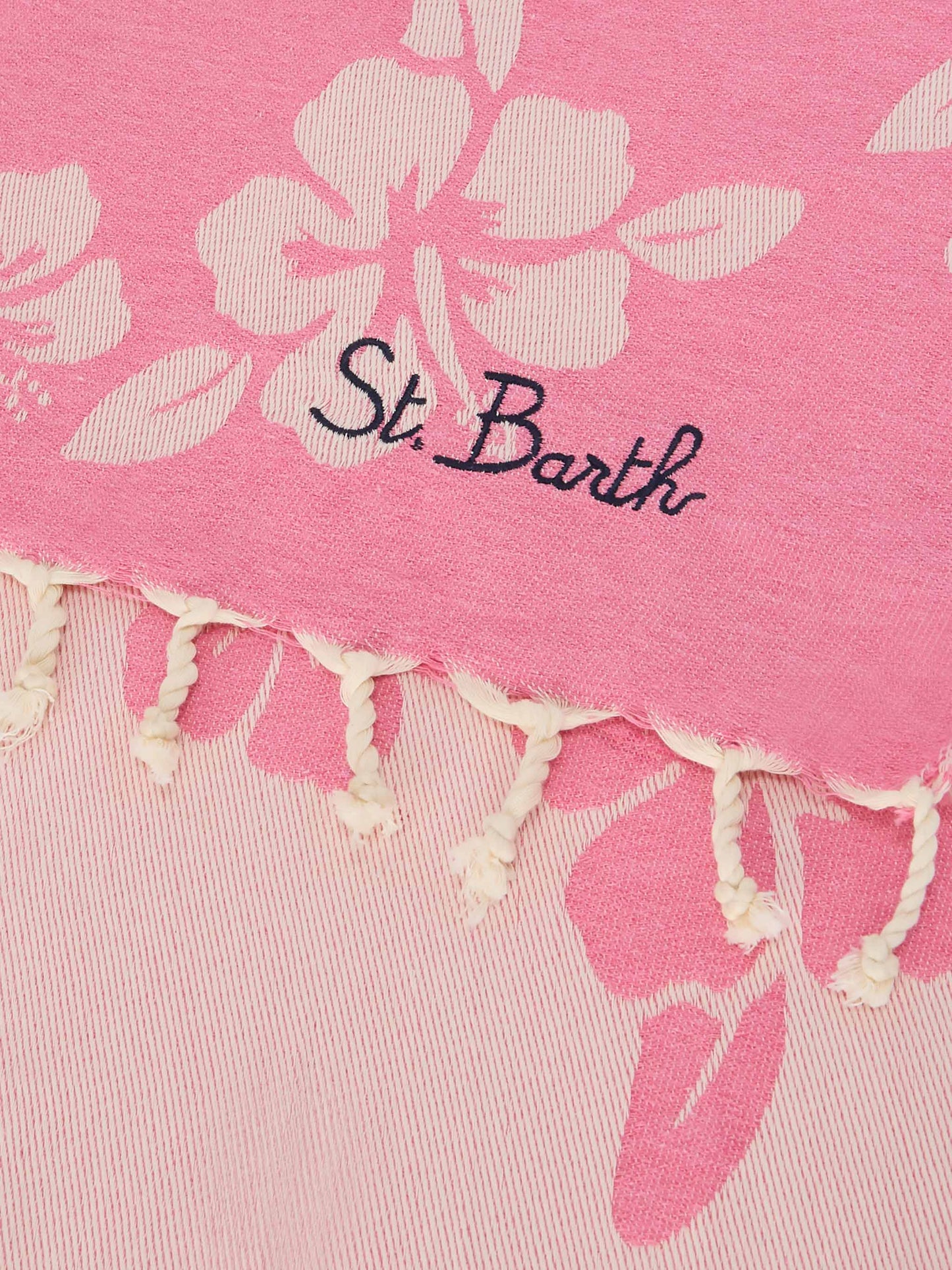 Telo mare Foutas in cotone jacquard rosa con fantasia hibiscus