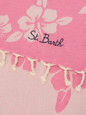 Telo mare Foutas in cotone jacquard rosa con fantasia hibiscus