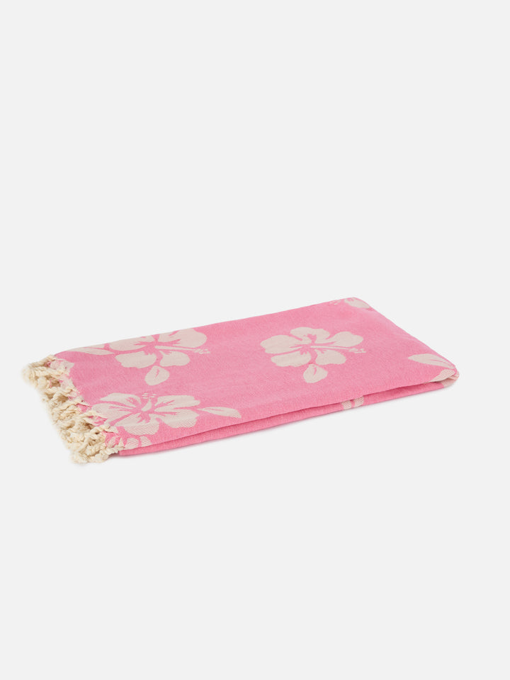 Telo mare Foutas in cotone jacquard rosa con fantasia hibiscus