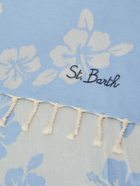 Telo mare Foutas in cotone jacquard azzurro con fantasia hibiscus