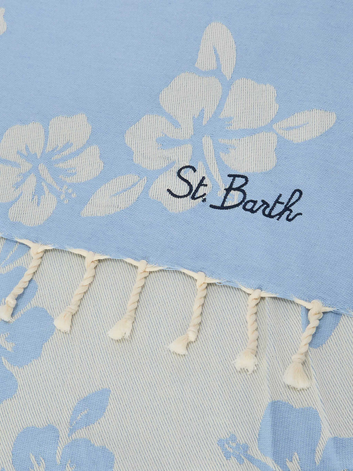Telo mare Foutas in cotone jacquard azzurro con fantasia hibiscus