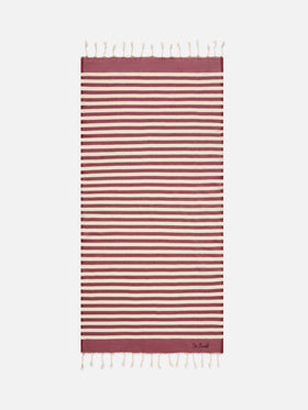 Serviette de plage fouta à rayures bordeaux et blanches 