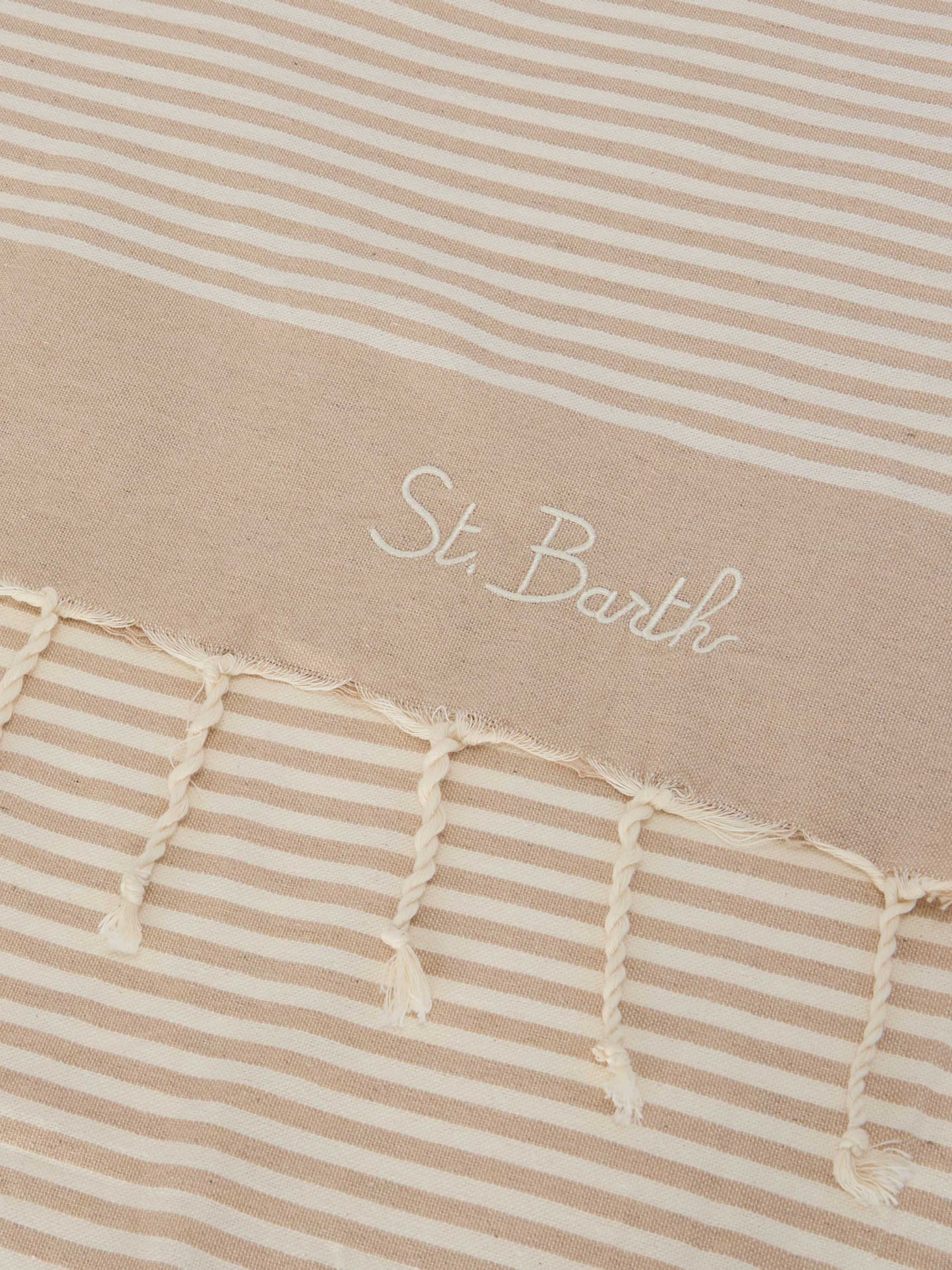 Telo mare Foutas a righe piccole beige e bianche