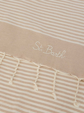 Telo mare Foutas a righe piccole beige e bianche
