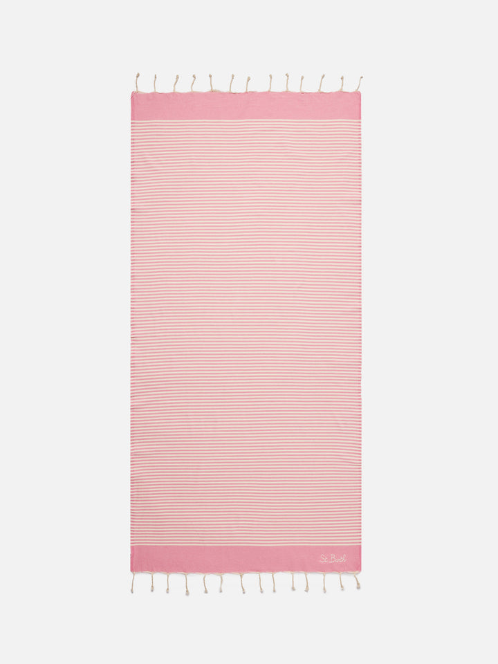 Telo mare Foutas a righe piccole rosa e bianche