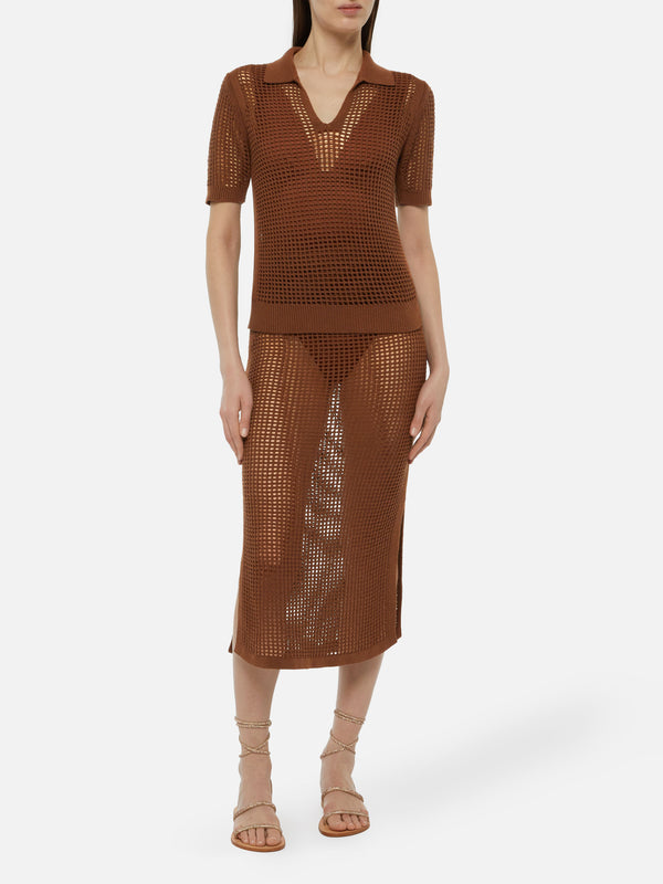 Flora brown mesh crochet polo