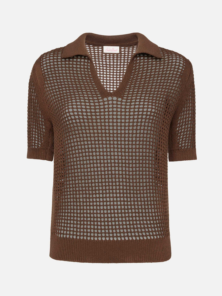 Flora brown mesh crochet polo