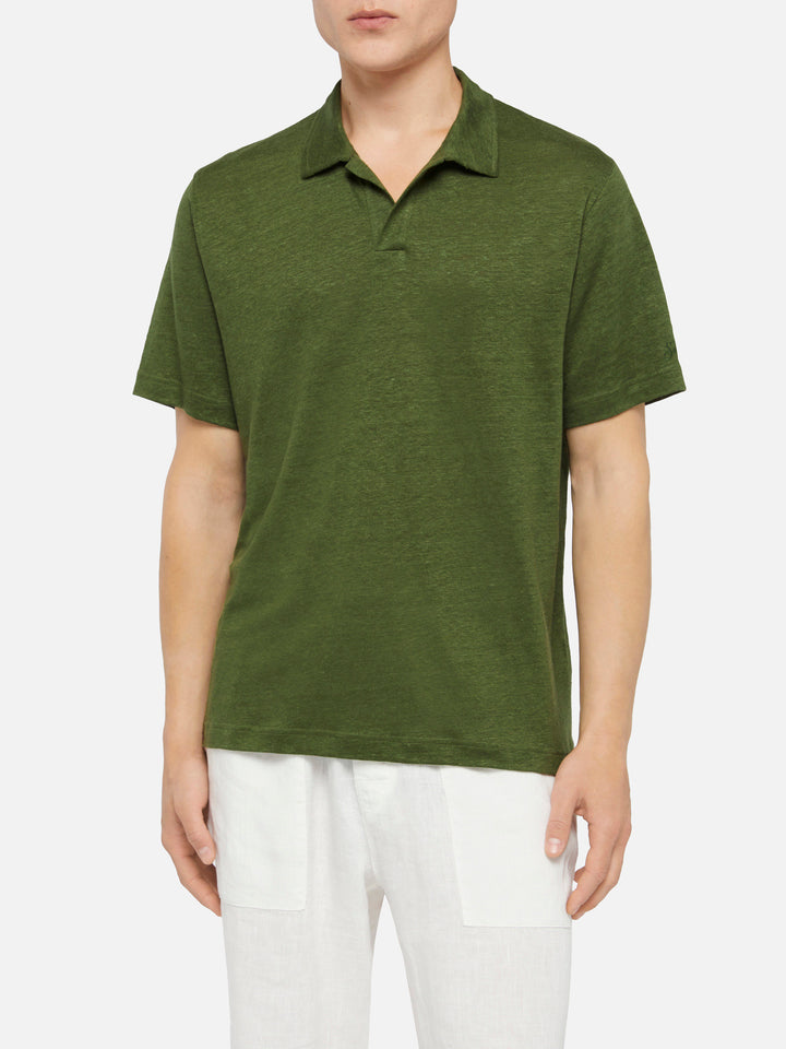 Military green linen buttonless polo shirt Fraser